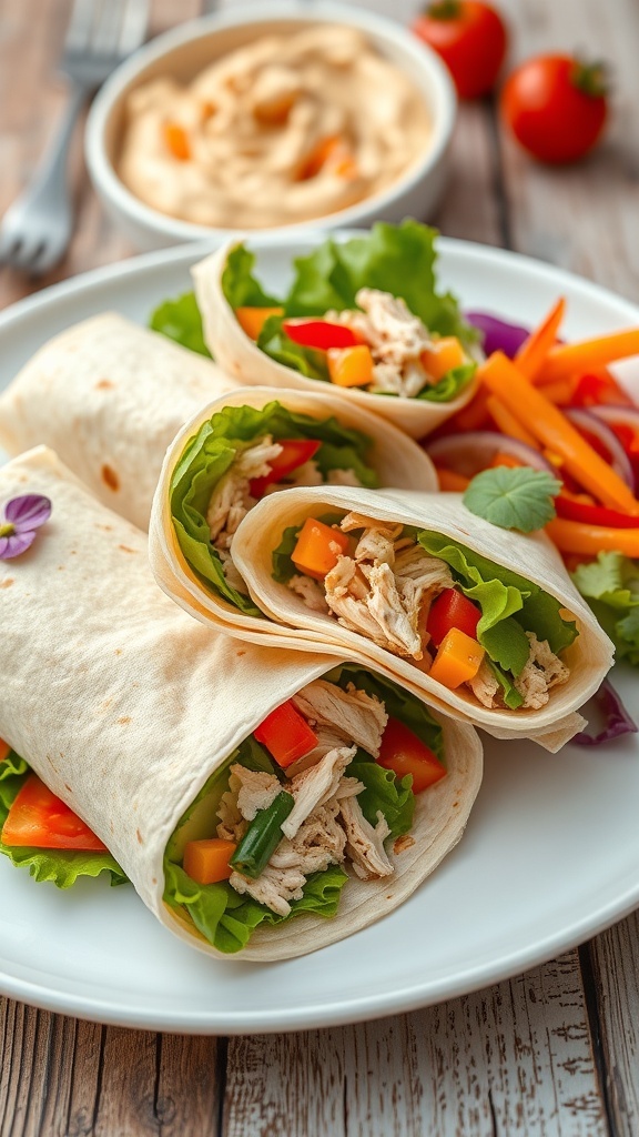 Healthy tortilla wraps filled with vegetables and chicken, sliced in half on a wooden table.